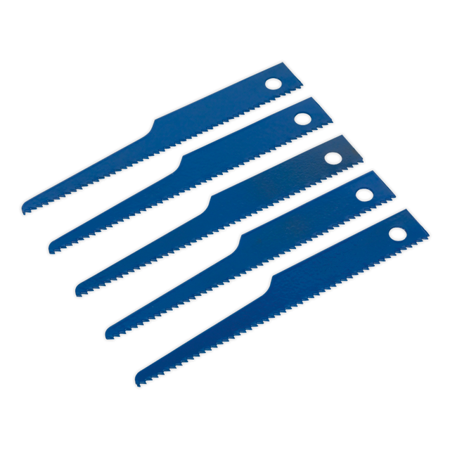 Five Sealey Air Saw Blades (14tpi Pack of 5 - SA34/B14) arranged in a fan pattern on a white background.