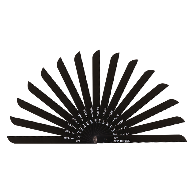 A pack of 15 Sealey Air Saw Blades, model SA346/B2415, featuring black blades with varying lengths and different teeth sizes and specifications.