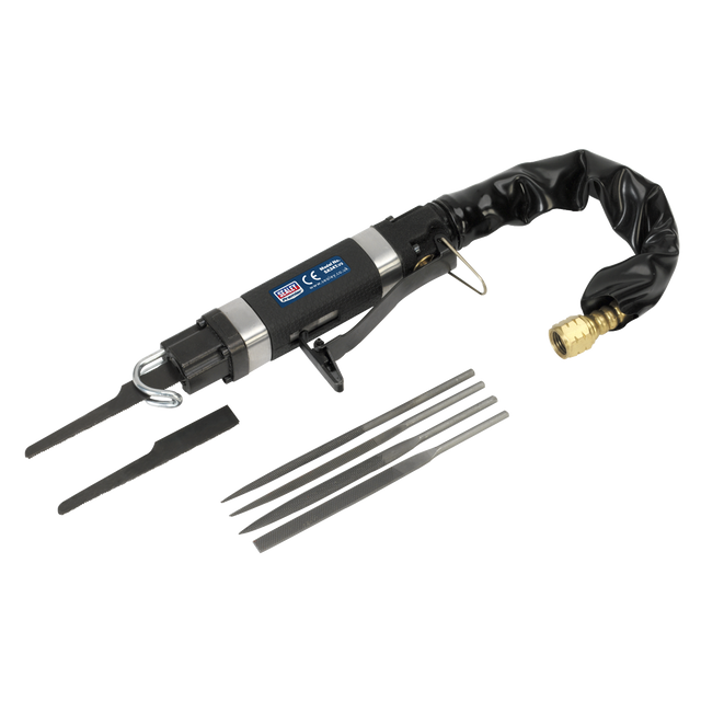 The Sealey Air Saw/Needle File Mini Reciprocating - SA347 is a versatile pneumatic file set that includes five interchangeable metal files, a flexible handle covering, and an air hose connector. Ideal for bodyshop applications, it features a safety trigger device that enhances control and precision.