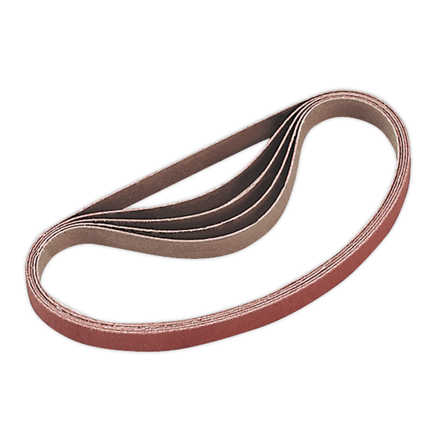 The Sealey Sanding Belt 10 x 330mm 120 Grit Pack of 5 - SA35/B120G is a coiled, reddish-brown belt with a coarse surface, perfect for abrasive sanding tasks and designed for use with belt sanders.