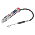 The Sealey Professional Tyre Inflator with Twin Push-On Connector - SA37/93 features an aluminum body, a flexible hose, and a metal nozzle. It boasts a red and black handle with control buttons and a digital display, ensuring precise measurements with the included calibration certificate.