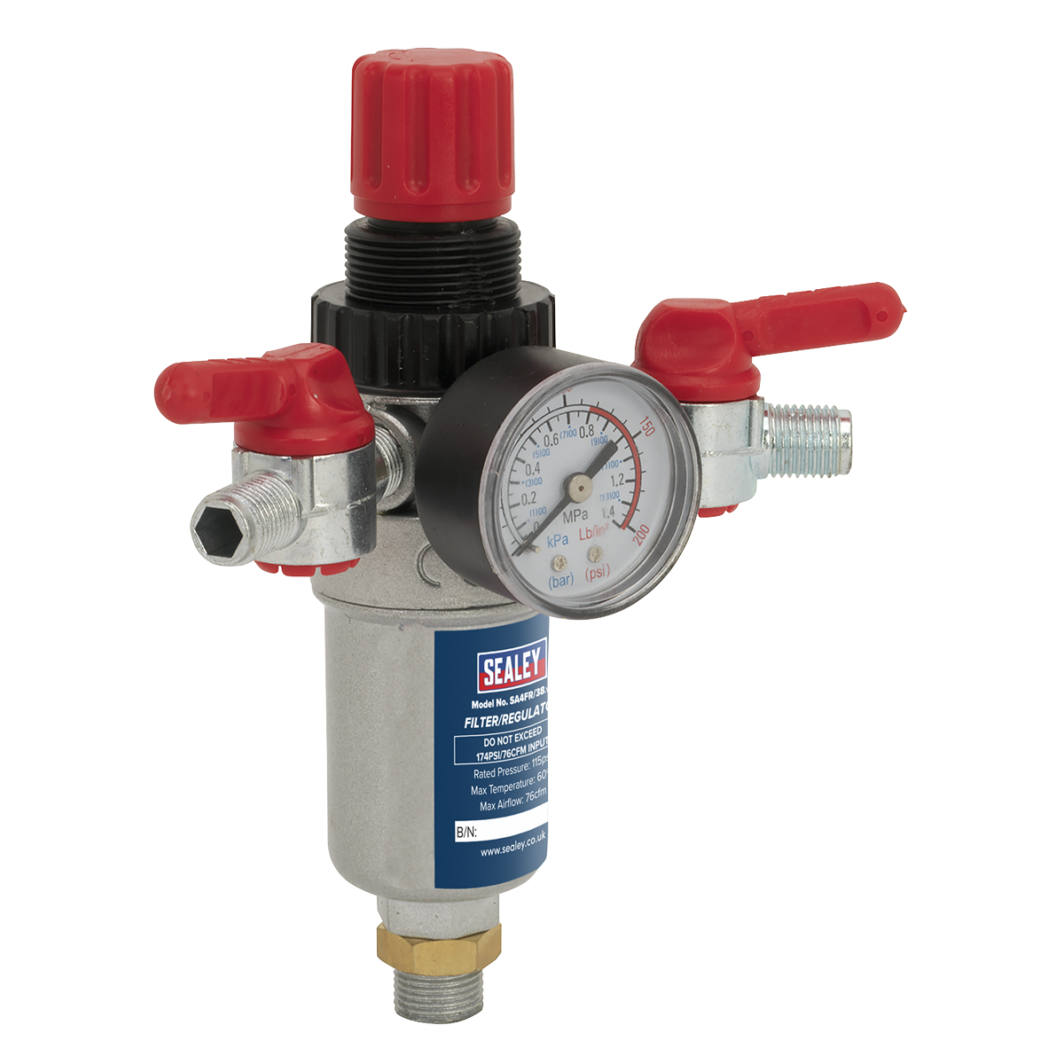 The Air Filter/Regulator 3/8"BSP Male - 1/4"BSP Male (SA4FR/38) by Sealey is an industrial pressure regulator featuring a heavy-duty aluminium alloy valve, a red airflow control knob, and a pressure gauge.