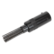 The Sealey Needle Scaler Adaptor - SA50A is a black pneumatic tool with a cylindrical body and multiple metal rods protruding from one end, perfect for cleaning heavy paint and rust scale, offering similar effectiveness to Sealey air hammers.
