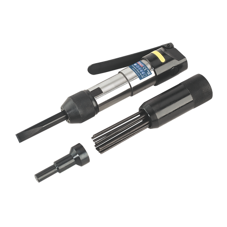 Introducing the Sealey Air Needle Scaler/Flux Chipper 32mm Stroke - SA52, a versatile handheld pneumatic tool featuring three interchangeable heads: a chisel, a needle scaler, and a small round attachment, ideal for efficiently cleaning heavy paint and rust scale.