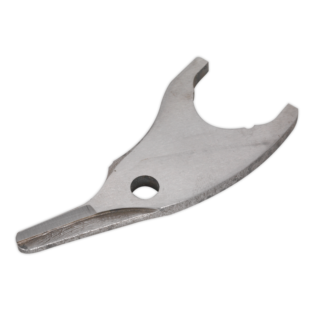 Sealey's Centre Blade for SA56 (Product Code: SA56.33) is a metal, fork-shaped mechanical part featuring a central hole and a curved, double-pronged end, specifically designed for use with SA56 Air Shears.
