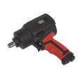 A sturdy pneumatic impact wrench, emblazoned with the "Sealey" logo, comes in a sleek black and red design. The Air Impact Wrench 1/2"Sq Drive Twin Hammer - SA6002 also features a handy 3-speed selector switch for versatile usage.