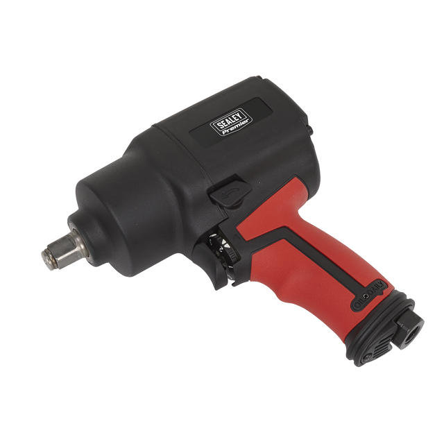A sturdy pneumatic impact wrench, emblazoned with the "Sealey" logo, comes in a sleek black and red design. The Air Impact Wrench 1/2"Sq Drive Twin Hammer - SA6002 also features a handy 3-speed selector switch for versatile usage.
