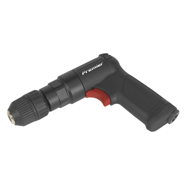 A black and red cordless drill with a keyless chuck, the brand name "Sealey" printed on the top handle, featuring lightweight housing and named the Air Pistol Drill Ø10mm Composite Reversible - Premier - SA620.
