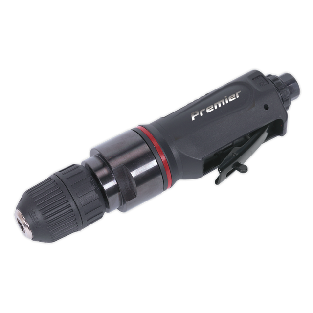 A black handheld power drill attachment from Sealey, labeled "Air Drill Straight with Ø10mm Keyless Chuck Premier - SA622," featuring a textured grip, a metal chuck, and a reliable safety trigger.