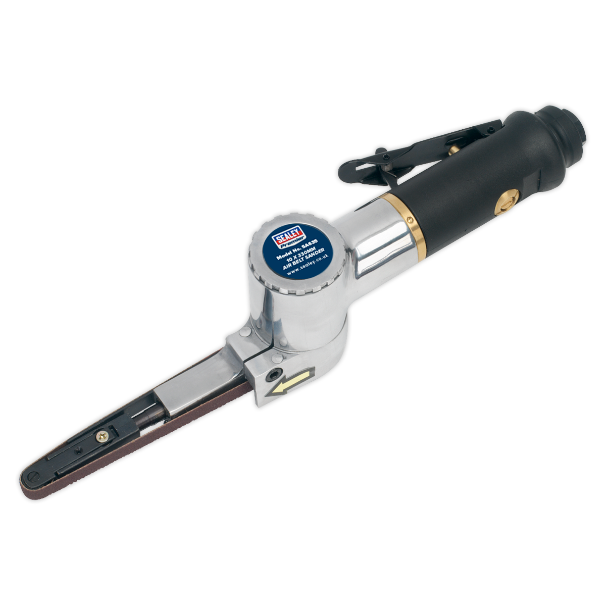 A close-up of the Sealey Air Belt Sander 10 x 330mm - SA635, featuring a slim profile, narrow sanding belt, and aluminum housing, with "Kett" labeled on the head.
