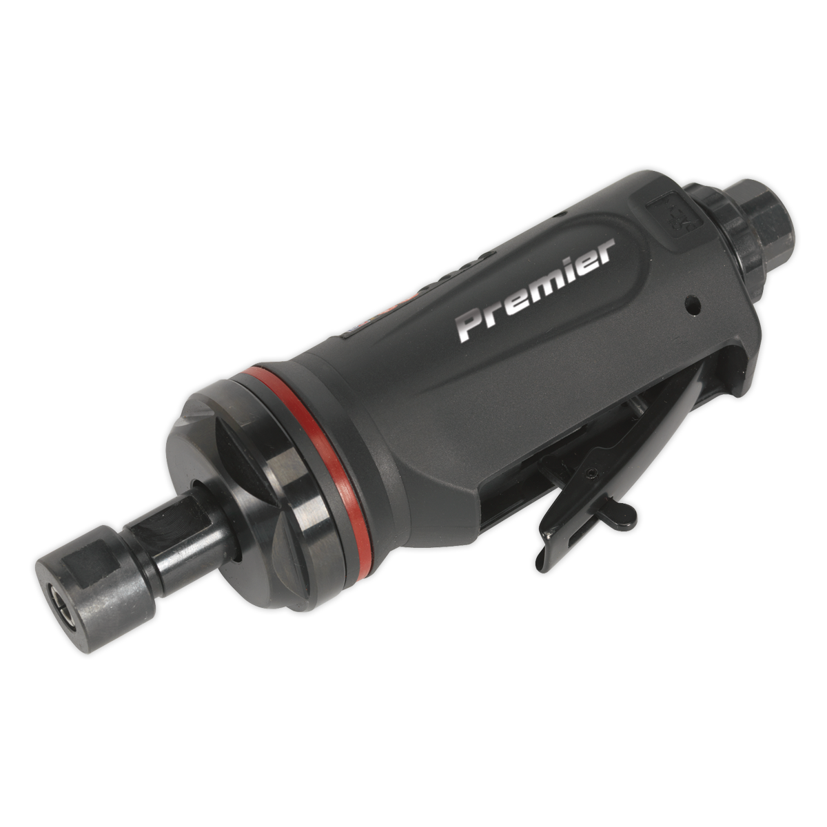 A black and red handheld pneumatic tool, the Sealey Air Die Grinder Maxi Size Straight Premier - SA654, equipped with an air motor, perfect for use in a professional workshop.