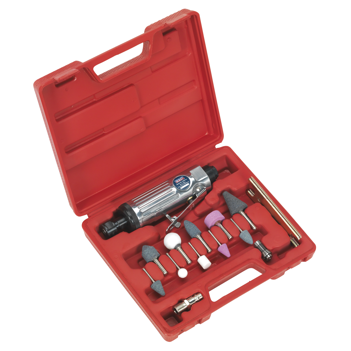 A red plastic carrying case containing various grinding points and polishing attachments along with a Sealey Air Die Grinder Kit 16pc - SA67.