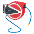 The Sealey SA812 Retractable Air Hose Reel features a heavy-duty polypropylene casing and an auto-layering mechanism. It includes a 12-meter, 6.5mm internal diameter blue double braided polyurethane hose with brass fittings, and comes with a wall mount bracket.