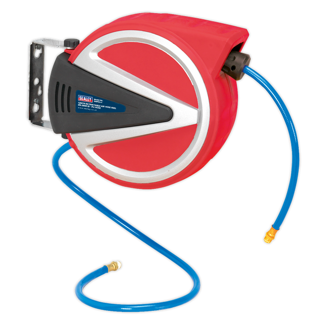 The Sealey SA812 Retractable Air Hose Reel features a heavy-duty polypropylene casing and an auto-layering mechanism. It includes a 12-meter, 6.5mm internal diameter blue double braided polyurethane hose with brass fittings, and comes with a wall mount bracket.