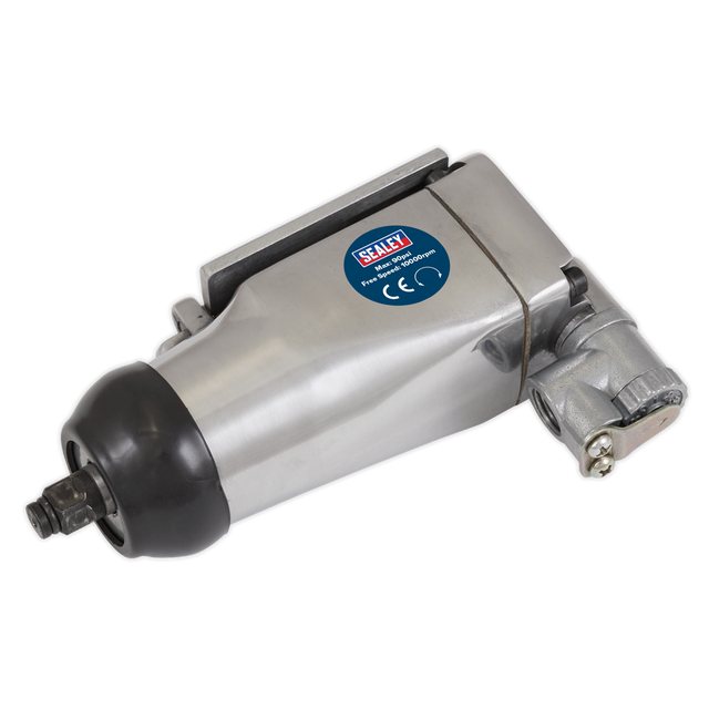 The Sealey Air Impact Wrench 3/8"Sq Drive - SA91, featuring a sleek silver and black design and CE marking, is expertly crafted for efficient engine bay work and delivers impressive fastening torque.