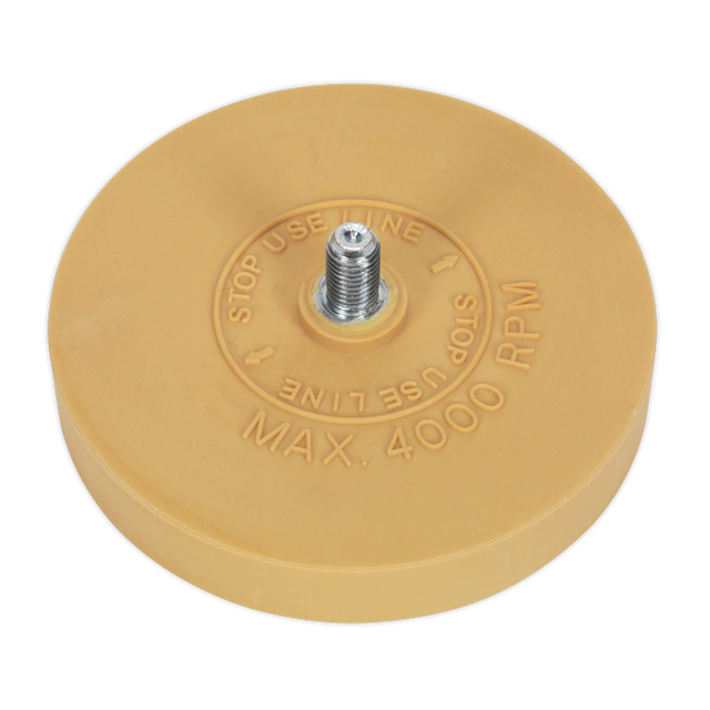 Image of a circular yellow Stripe Removing Pad for SA95 Ø88 x 16mm 5/16” UNF - SA95/PX by Sealey, featuring a central metal shaft labeled "MAX. 4000 RPM" and "STOP USE LINE." This versatile tool is ideal for removing adhesives, stickers, and even double-sided tape. Perfect for refinishing projects or removing pinstripes from your vehicle.