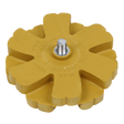 The Sealey Universal Stripe Removing Pad Ø88 x 20mm - SA95UNI, featuring a yellow eraser wheel tool with a metal center bolt, is perfect for removing pin stripes and double-sided tape and includes text indicating a maximum usage of 4000 RPM.