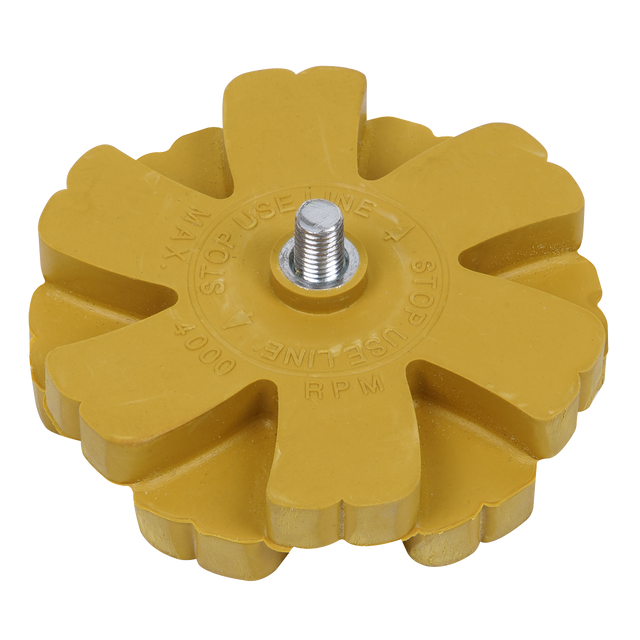 The Sealey Universal Stripe Removing Pad Ø88 x 20mm - SA95UNI, featuring a yellow eraser wheel tool with a metal center bolt, is perfect for removing pin stripes and double-sided tape and includes text indicating a maximum usage of 4000 RPM.