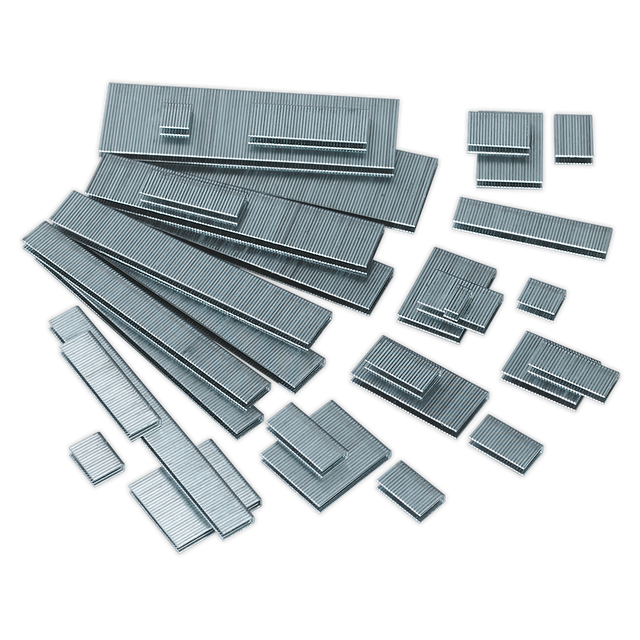 A collection of Sealey Staple 19mm 18SWG Pack of 5000 - SAAS1819 scattered on a white background.