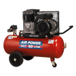 The Sealey Air Compressor 50L Belt Drive 3hp with Cast Cylinders & Wheels (model SAC1503B) is ideal for a professional workshop. It features a 50-litre tank, wheels, and comes with a red body, black motor and handle, plus various control components.