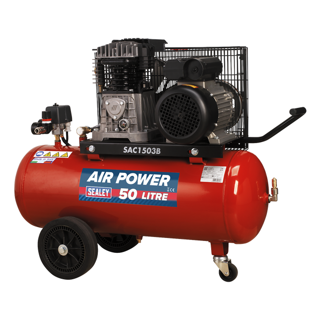 The Sealey Air Compressor 50L Belt Drive 3hp with Cast Cylinders & Wheels (model SAC1503B) is ideal for a professional workshop. It features a 50-litre tank, wheels, and comes with a red body, black motor and handle, plus various control components.