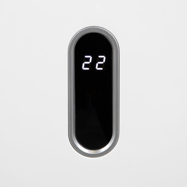A modern vertical oval wall-mounted thermostat or control panel with a black face, silver metallic trim, and white LED display showing the number 22, set against a plain light gray background.