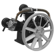 A close-up view of the Sealey Air Compressor Pump 3 Cylinder - SAC32055B.02, showcasing its heavy-duty full cast cylinders, a large wheel on one side, and coiled tubes on top.