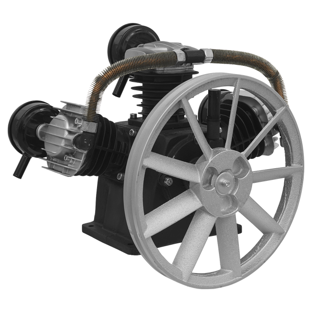 A close-up view of the Sealey Air Compressor Pump 3 Cylinder - SAC32055B.02, showcasing its heavy-duty full cast cylinders, a large wheel on one side, and coiled tubes on top.