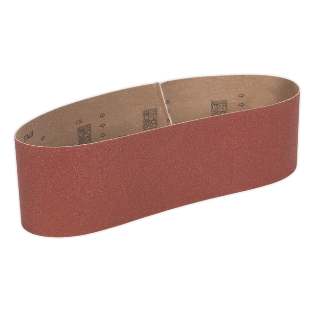 The Sealey Sanding Belt 100 x 915mm 60Grit - SB0014, a red abrasive continuous loop belt made with aluminium oxide, is perfect for use with the SM14 Belt and Disc Sander, ideal for sanding and finishing surfaces.