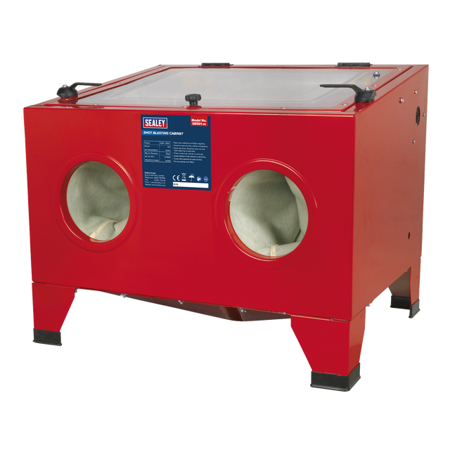 A Sealey Shot Blast Cabinet with Gun 640 x 490 x 490mm - SB951, featuring two circular glove ports and a rectangular viewing window on top, perfect for workshop cleaning applications.