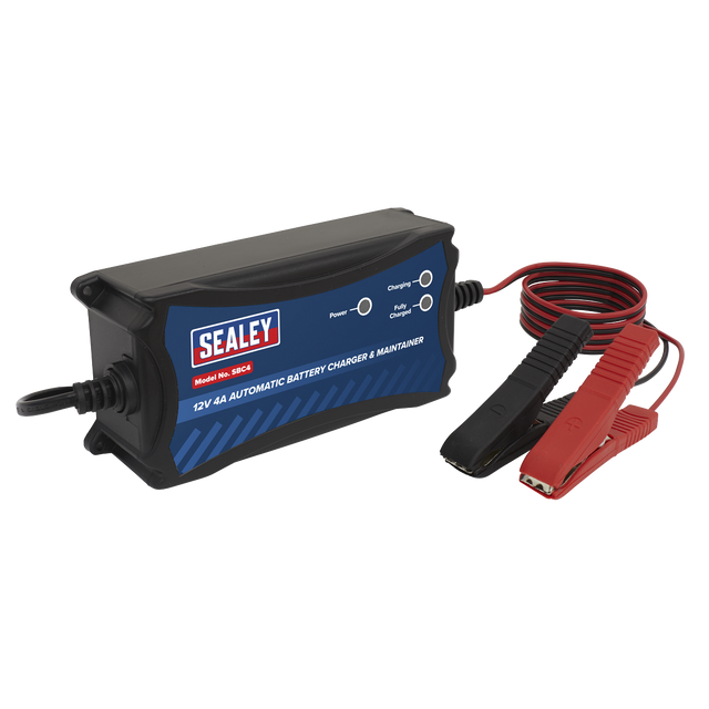 A Sealey SBC4 Battery Maintainer Charger 12V 4A Fully Automatic with black and red alligator clips attached to cords, featuring sulfation repair for improved battery health.