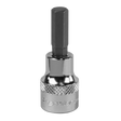 A close-up of the Sealey SBH010 7mm Hex Socket Bit with a 3/8" square drive, featuring a knurled grip section and engraved text near the base. Crafted from Chrome Vanadium steel for professional use, this tool upholds the quality standards of Premier Hand Tools.