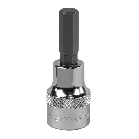 A close-up of the Sealey SBH010 7mm Hex Socket Bit with a 3/8" square drive, featuring a knurled grip section and engraved text near the base. Crafted from Chrome Vanadium steel for professional use, this tool upholds the quality standards of Premier Hand Tools.