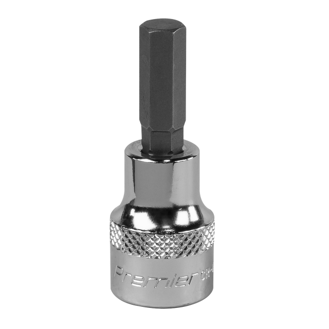 A close-up of the Sealey SBH010 7mm Hex Socket Bit with a 3/8" square drive, featuring a knurled grip section and engraved text near the base. Crafted from Chrome Vanadium steel for professional use, this tool upholds the quality standards of Premier Hand Tools.