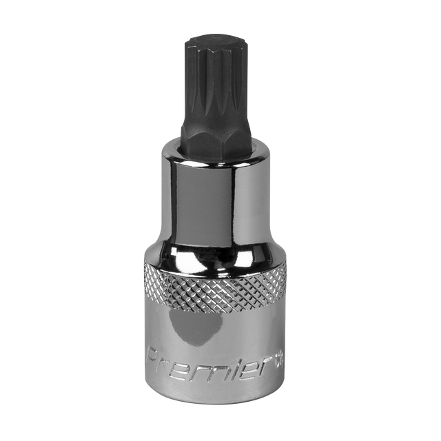 Introducing the Sealey Spline Socket Bit M10 1/2"Sq Drive - SBS015, a chrome-plated tool featuring a black hex key head. Crafted from durable Chrome Vanadium steel and engraved with "Premier," this high-quality socket bit is part of the renowned Premier Hand Tools collection. It ensures exceptional performance and comes with a lifetime guarantee.