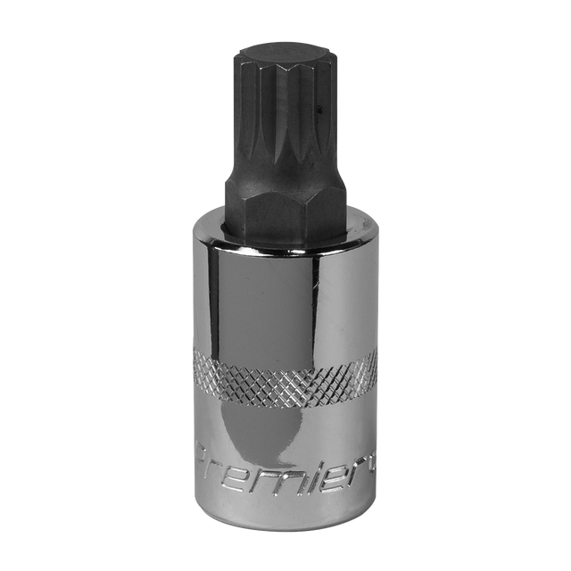 A metallic Spline Socket Bit M14 1/2"Sq Drive - SBS017 with a knurled grip, marked with the text "Sealey" at the base.