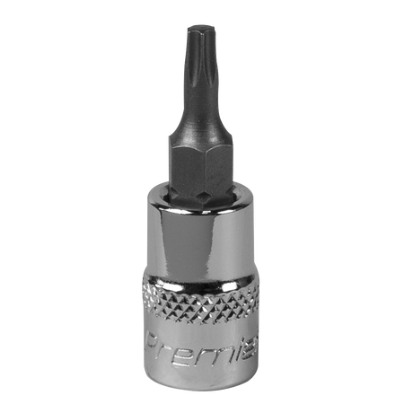 Introducing the TRX-Star* Socket Bit T15 1/4"Sq Drive - SBT003 by Sealey, a shiny metallic hex screwdriver bit featuring a textured grip and a pointed tip, meticulously crafted from durable S2 steel for long-lasting performance.