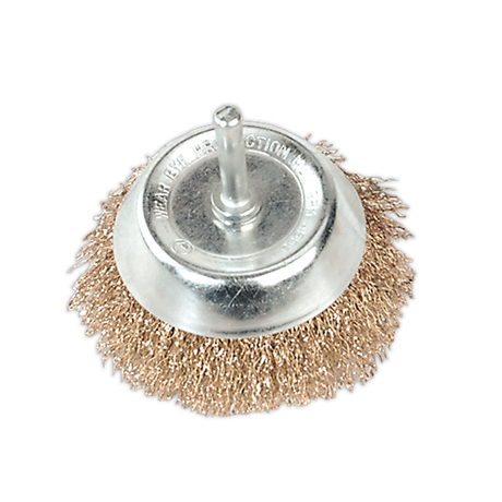 The Sealey Wire Cup Brush Ø75mm with 6mm Shaft (SCB75) is designed for use with power drills and features densely packed crimped brassed steel filaments around its perimeter for enhanced cleaning power.