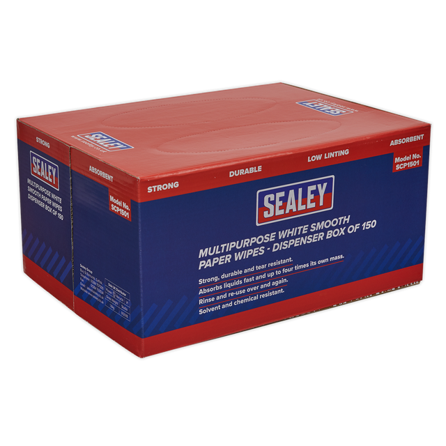 A red and blue dispenser box labeled "Sealey" contains the "Multipurpose Paper Wipes in Dispenser Box - Smooth White 73gsm 150 Sheets - SCP1501." The box highlights features such as durability, tear resistance, absorbency, and suitability for various clean-ups.
