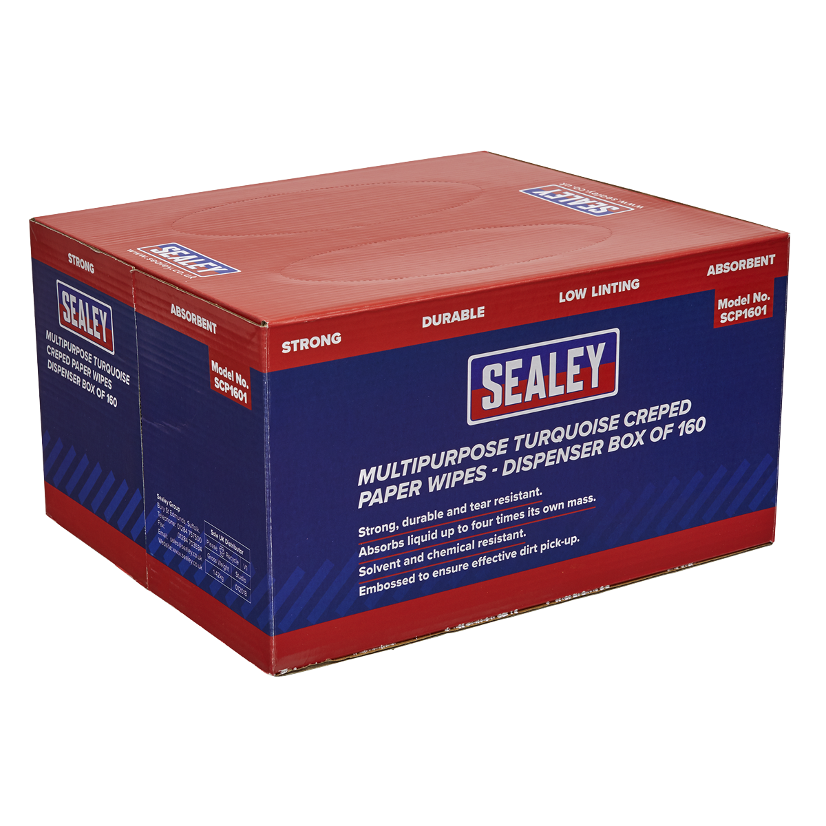 A red and blue Sealey box labeled "Multipurpose Paper Wipes in Dispenser Box - Creped Turquoise 69gsm 160 Sheets - SCP1601," featuring strong and durable wipes.