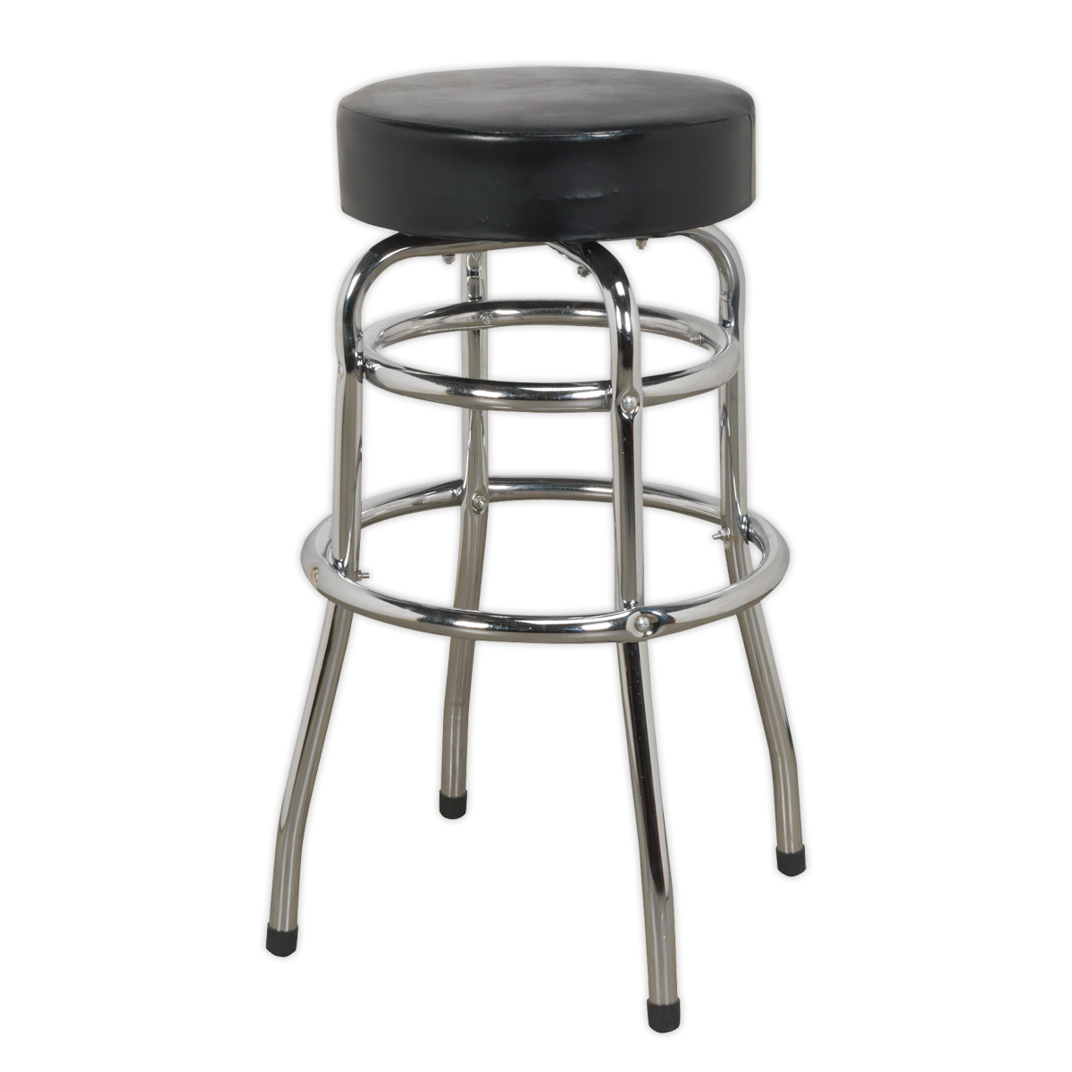 The Sealey Workshop Stool with Swivel Seat - SCR13 is a chrome barstool that features a round black padded seat, four legs with circular footrests, and heavy-duty steel construction.
