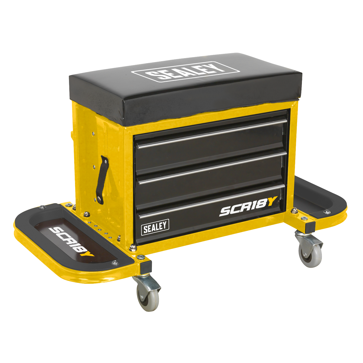 Introducing the Sealey Mechanic's Utility Seat & Toolbox - Yellow - SCR18Y. This professional workshop tool chest comes with a cushioned seat, three drawers, and side trays. It also features handles and caster wheels for effortless mobility, combining functionality and comfort in one yellow and black unit.