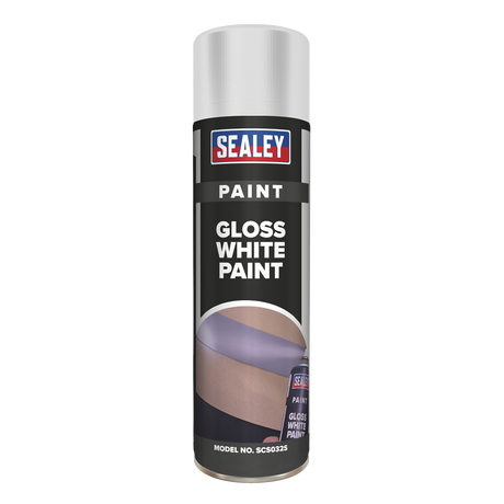 A 500ml can of Sealey's White Gloss Paint, model number SCS032S, provides LARGE COVERAGE and a DURABLE FINISH.