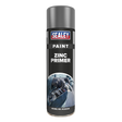 A cylindrical spray can labeled "Sealey Grey Zinc Primer Paint 500ml - SCS034S" with an image of gloved hands using the fast-drying, anti-rust spray on its front.