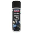 A can of Sealey Stone Chip Paint 500ml with a black cap, labeled "Stone Chip Paint 500ml - SCS060S." Known for its excellent coverage and adhesion qualities, the model number is SCS060S.