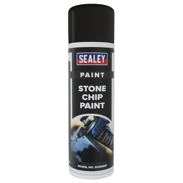 A can of Sealey Stone Chip Paint 500ml with a black cap, labeled "Stone Chip Paint 500ml - SCS060S." Known for its excellent coverage and adhesion qualities, the model number is SCS060S.
