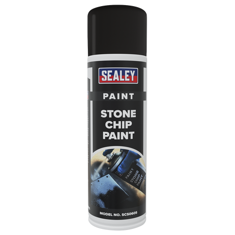 A can of Sealey Stone Chip Paint 500ml with a black cap, labeled "Stone Chip Paint 500ml - SCS060S." Known for its excellent coverage and adhesion qualities, the model number is SCS060S.
