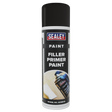 A can of Sealey Filler Primer Paint 500ml - Pack of 6 - SCS061, featuring a black cap and a label displaying product details along with an image of a person applying the paint. The label emphasizes excellent coverage and adhesion, with the model number SCS061 prominently shown at the bottom.