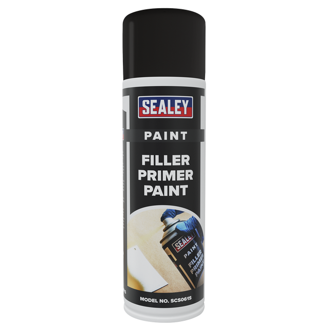 A can of Sealey Filler Primer Paint 500ml - Pack of 6 - SCS061, featuring a black cap and a label displaying product details along with an image of a person applying the paint. The label emphasizes excellent coverage and adhesion, with the model number SCS061 prominently shown at the bottom.