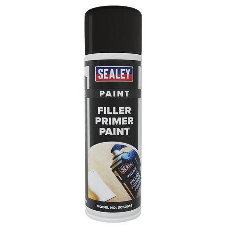 A can of Sealey Filler Primer Paint 500ml - Pack of 6 - SCS061, featuring a black cap and a label displaying product details along with an image of a person applying the paint. The label emphasizes excellent coverage and adhesion, with the model number SCS061 prominently shown at the bottom.